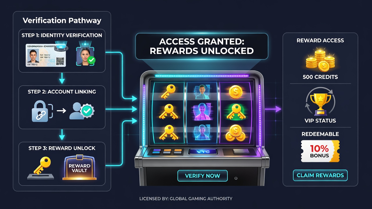 Diagram showing how verified identities unlock reward features in virtual reel environments under licensing rules